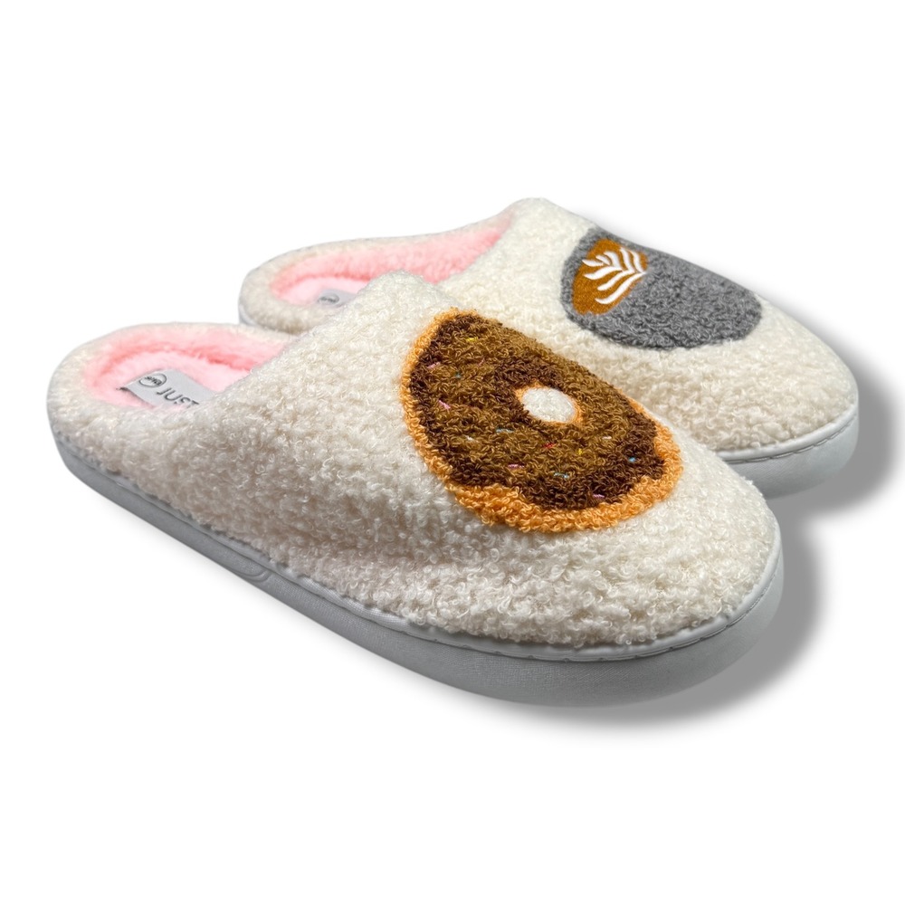 Just Be Womens Sherpa Slippers Coffee Donut Mismatched Scuffs Cream Pink 9/10